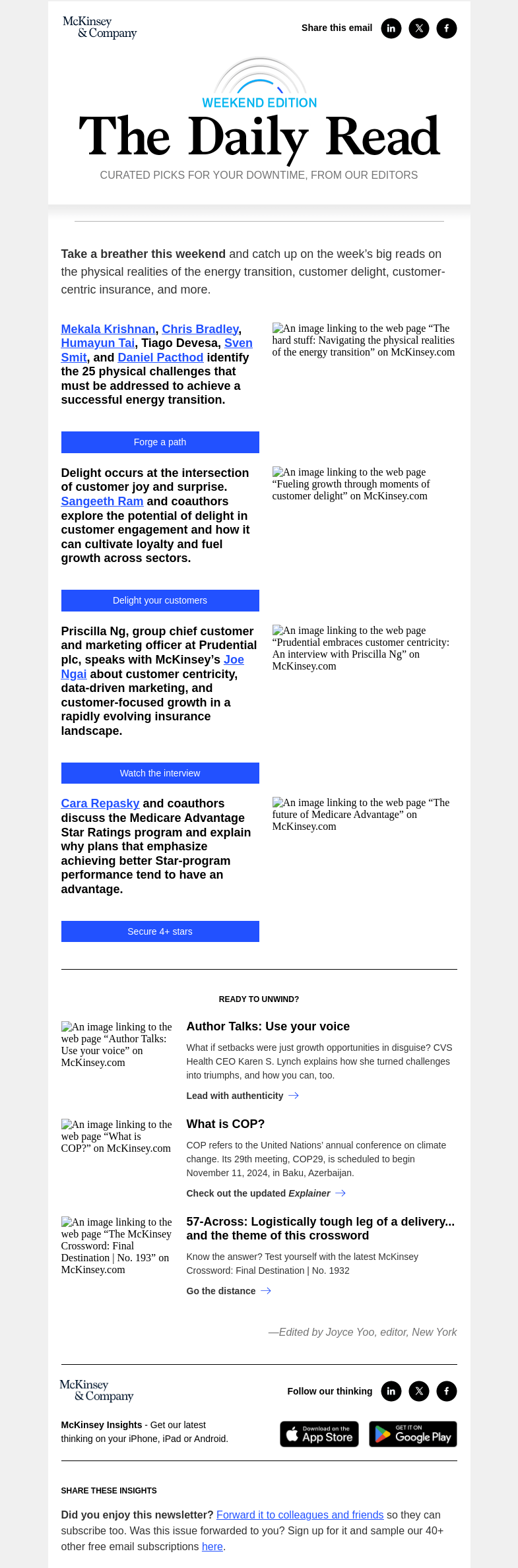 Письмо компании «McKinsey & Company» на тему «The physical realities of the energy transition, customer delight,
 customer-centric insurance, and more: The Daily Read Weekender»
