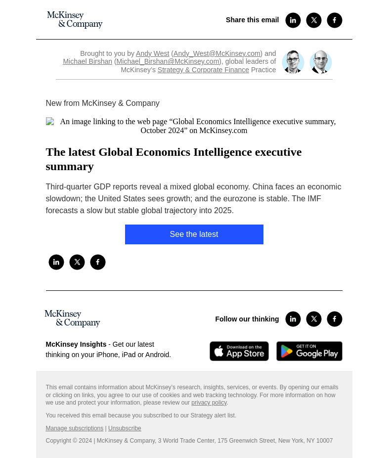 Письмо компании «McKinsey & Company» на тему «The latest Global Economics Intelligence executive summary»