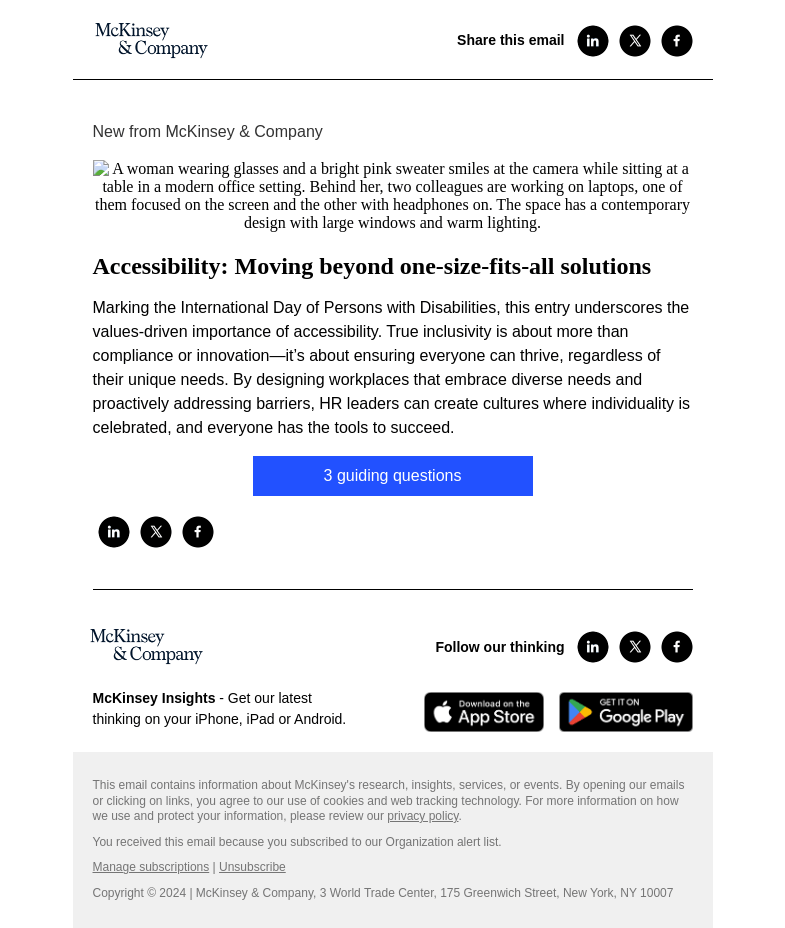Письмо компании «McKinsey & Company» на тему «Accessibility: Moving beyond one-size-fits-all solutions»