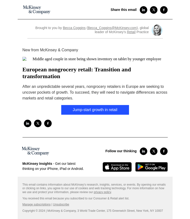 Письмо компании «McKinsey & Company» на тему «European nongrocery retail: Transition and transformation»