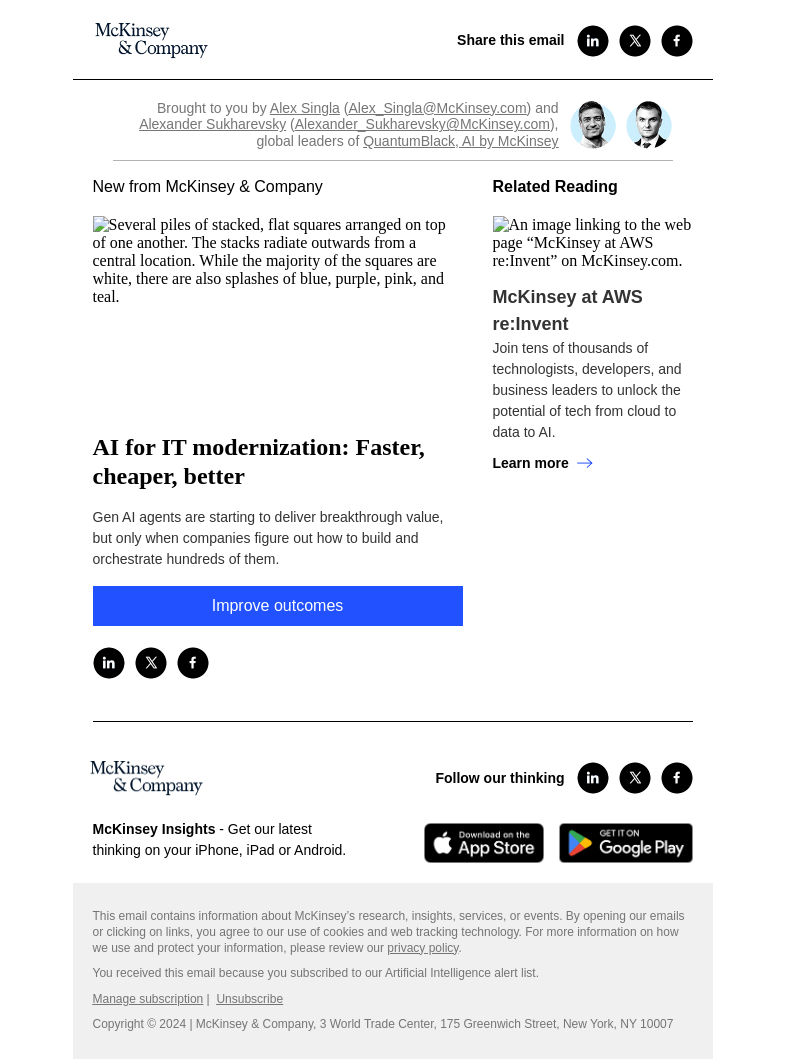 Письмо компании «McKinsey & Company» на тему «AI for IT modernization: Faster, cheaper, better»