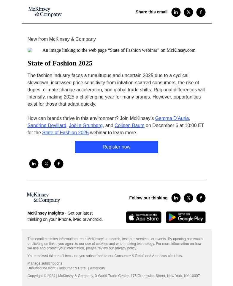 Письмо компании «McKinsey & Company» на тему «Reminder: Join us for a webinar on the State of Fashion 2025»