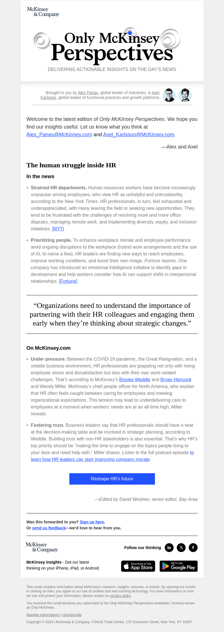 Письмо компании «McKinsey & Company» на тему «What HR experts can do to put employees first»