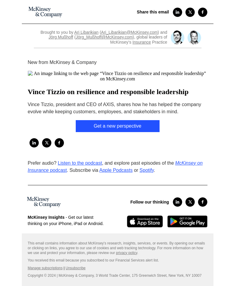 Письмо компании «McKinsey & Company» на тему «Vince Tizzio on resilience and responsible leadership»