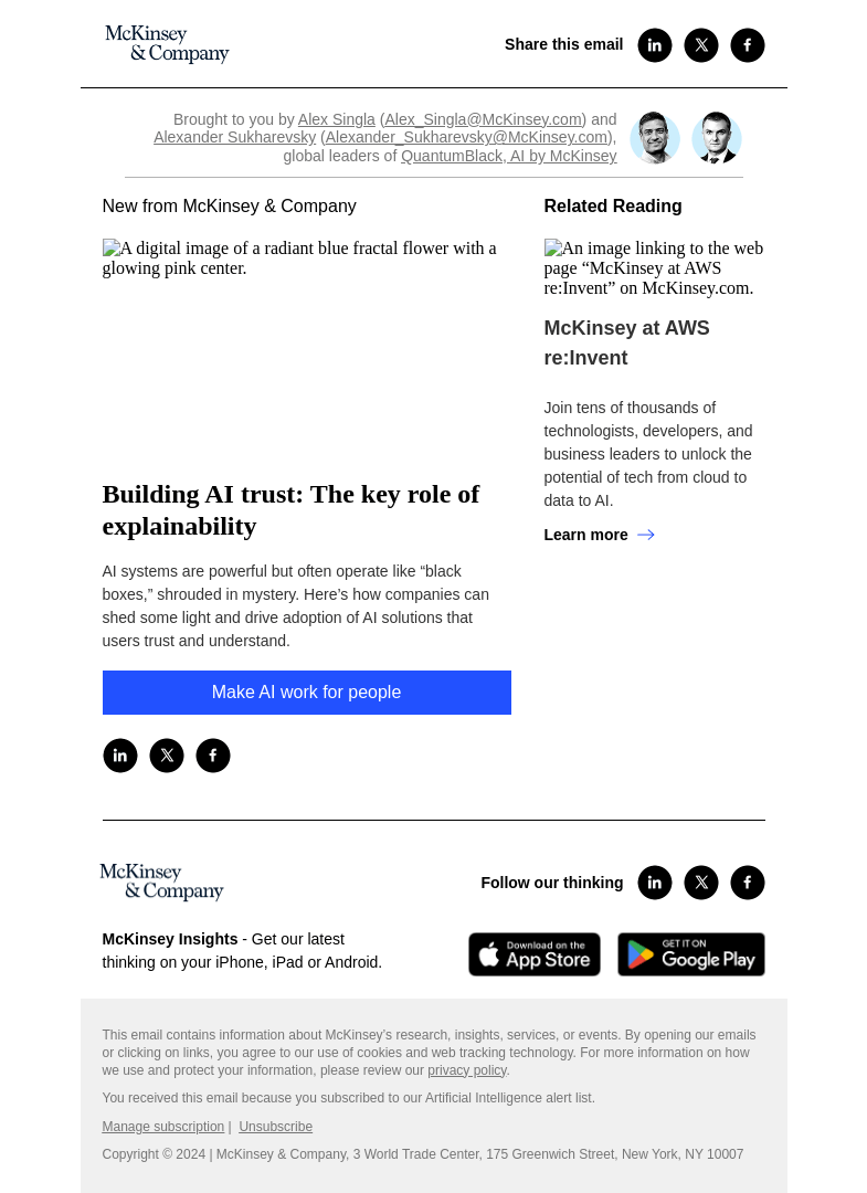Письмо компании «McKinsey & Company» на тему «Building AI trust: The key role of explainability»