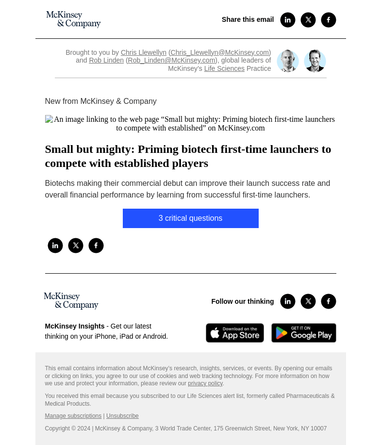 Письмо компании «McKinsey & Company» на тему «Small but mighty: Priming biotech first-time launchers to compete
 with established players»