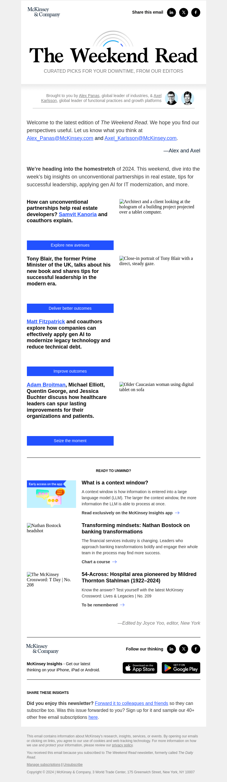 Письмо компании «McKinsey & Company» на тему «Unconventional partnerships in real estate, Tony Blair on
 successful leadership, AI for IT modernization, and more insights»