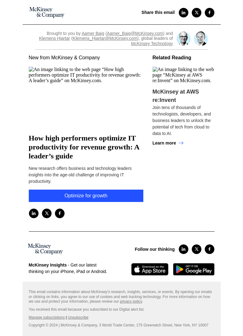 Письмо компании «McKinsey & Company» на тему «How high performers optimize IT productivity for revenue growth: A leader’s guide»