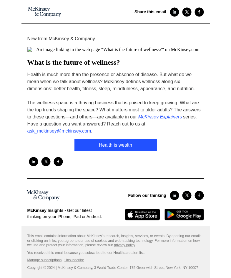 Письмо компании «McKinsey & Company» на тему «What is the future of wellness?»