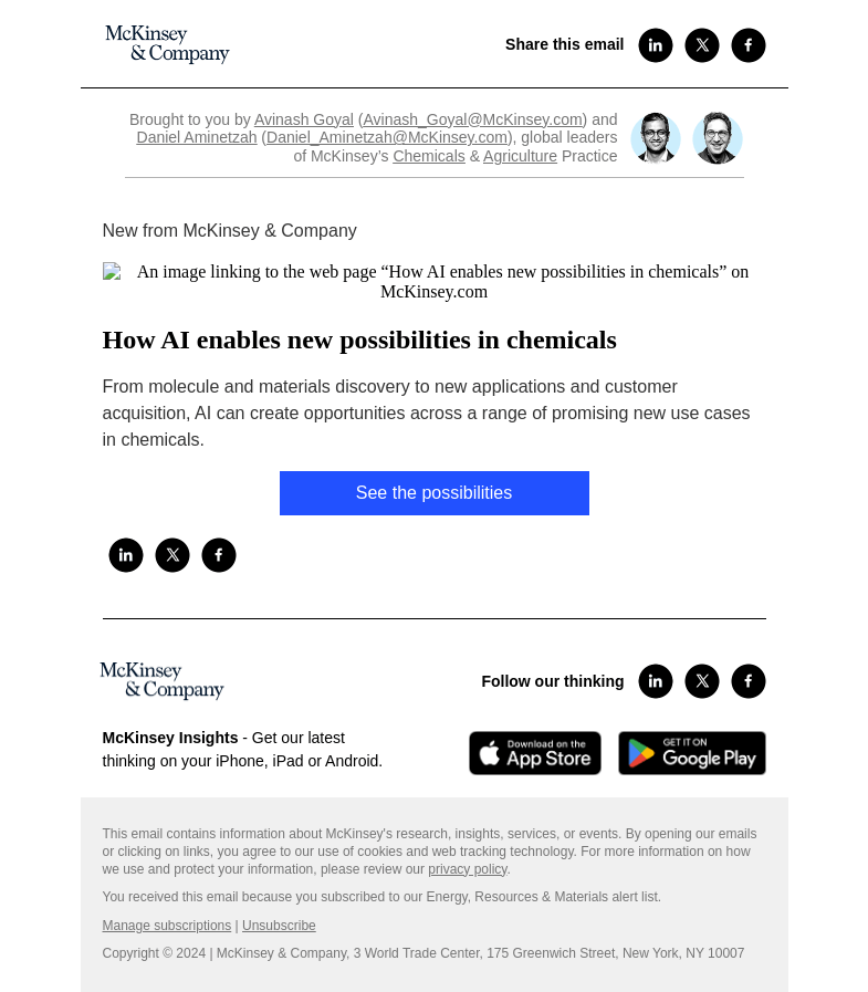 Письмо компании «McKinsey & Company» на тему «How AI enables new possibilities in chemicals»