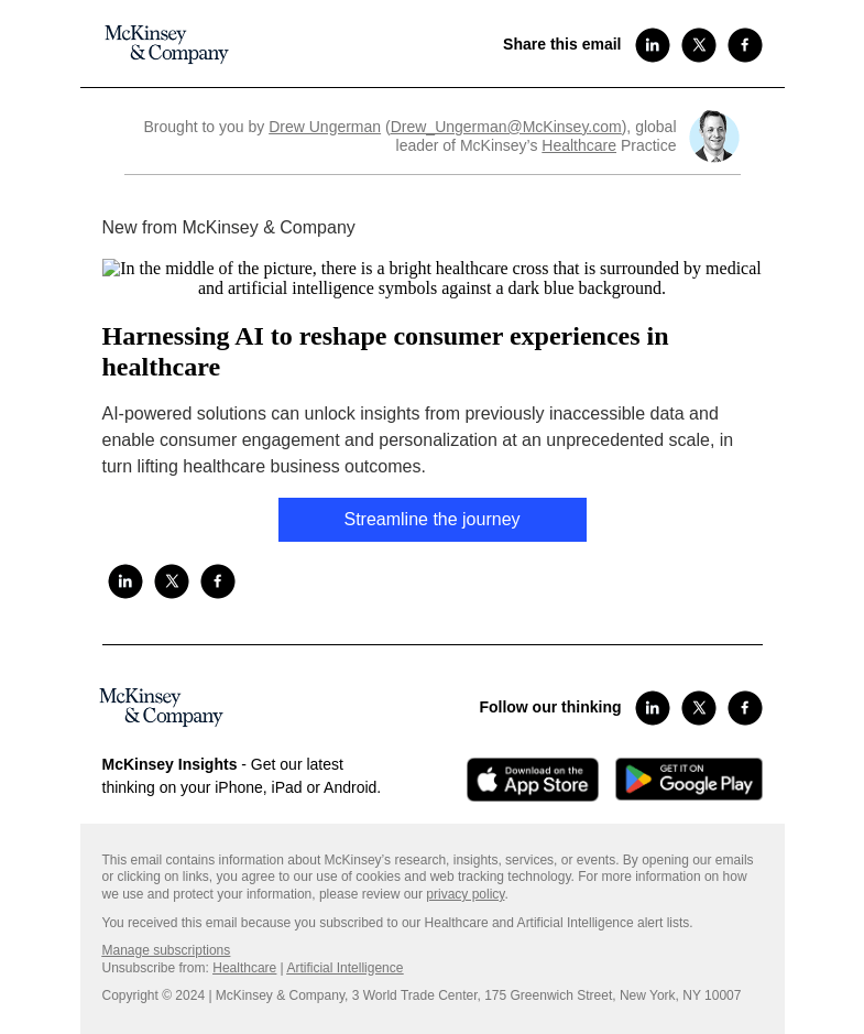 Письмо компании «McKinsey & Company» на тему «Harnessing AI to reshape consumer experiences in healthcare»