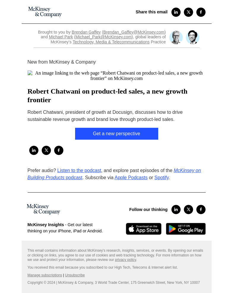 Письмо компании «McKinsey & Company» на тему «Robert Chatwani on product-led sales, a new growth frontier»