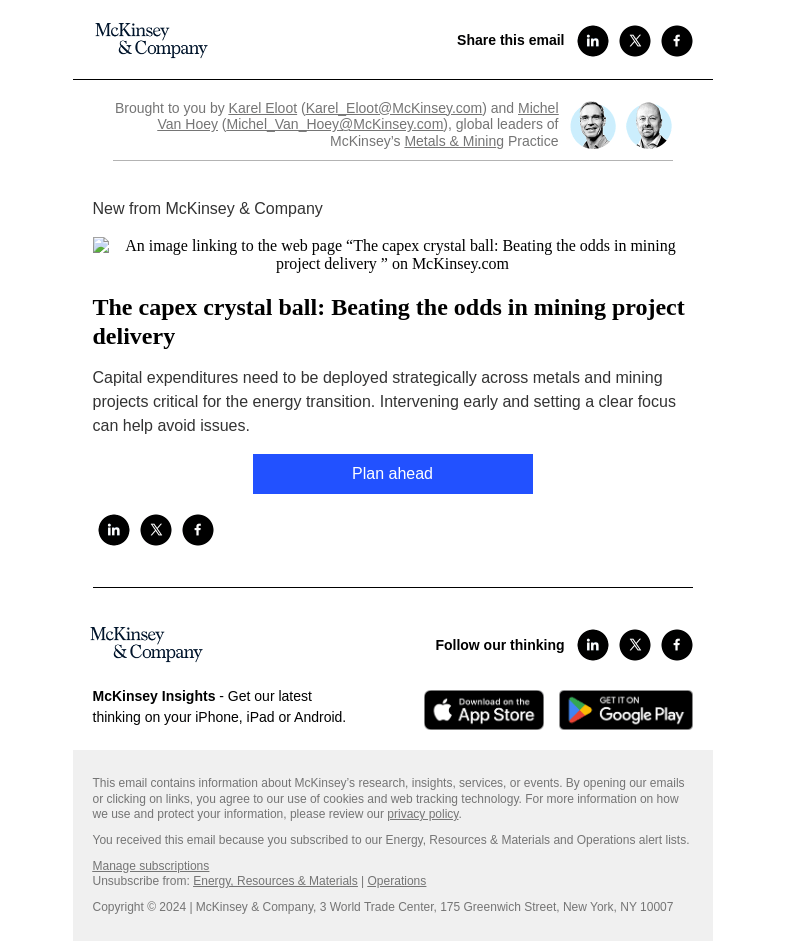 Письмо компании «McKinsey & Company» на тему «The capex crystal ball: Beating the odds in mining project delivery»