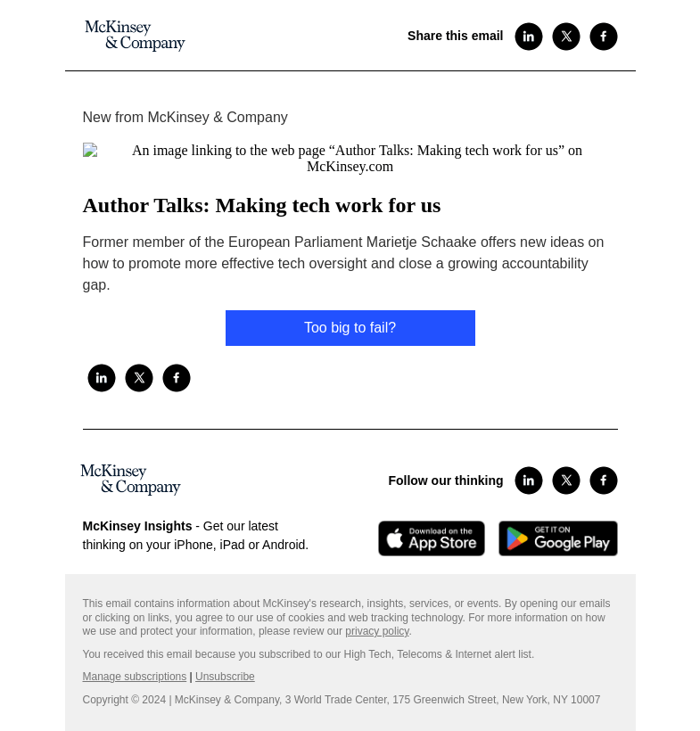Письмо компании «McKinsey & Company» на тему «Author Talks: Making tech work for us»