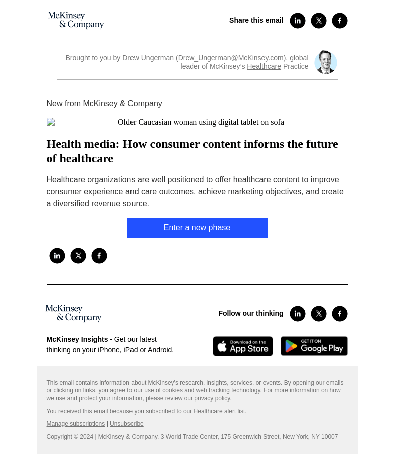 Письмо компании «McKinsey & Company» на тему «Health media: How consumer content informs the future of healthcare»