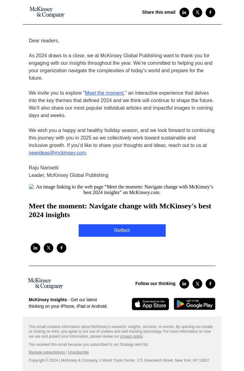 Письмо компании «McKinsey & Company» на тему «Our 2024 year in review is here»