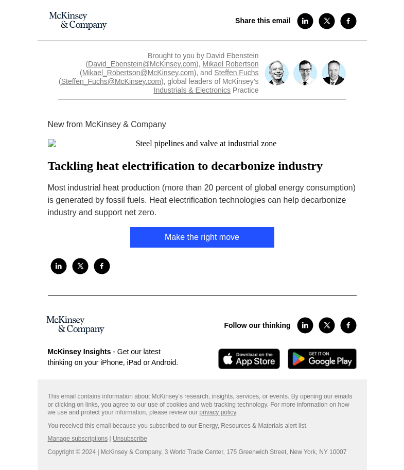 Письмо компании «McKinsey & Company» на тему «Tackling heat electrification to decarbonize industry»