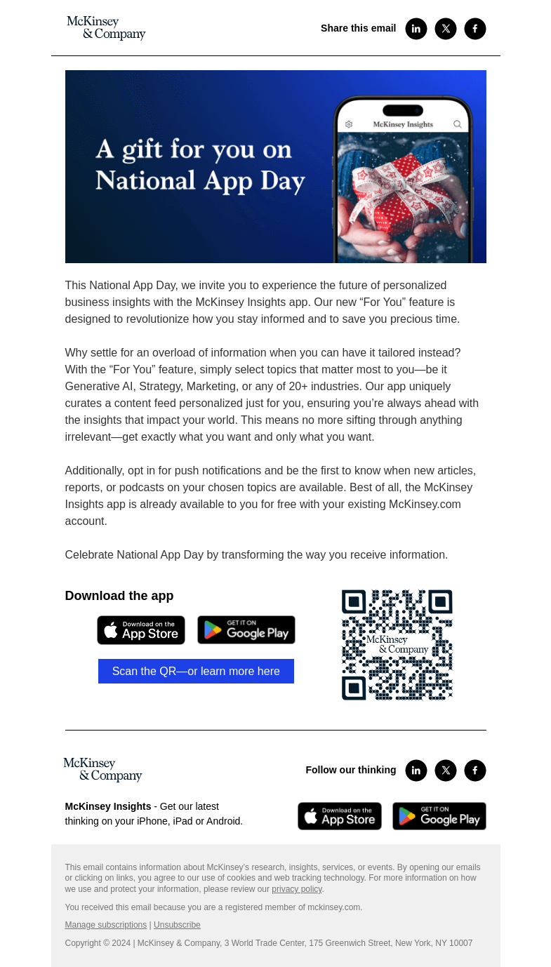 Письмо компании «McKinsey & Company» на тему «A gift for you on National App Day »