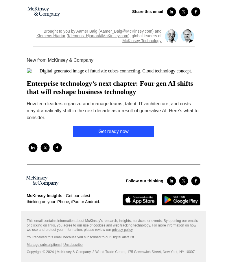 Письмо компании «McKinsey & Company» на тему «Enterprise technology’s next chapter: Four gen AI shifts that will reshape business technology»