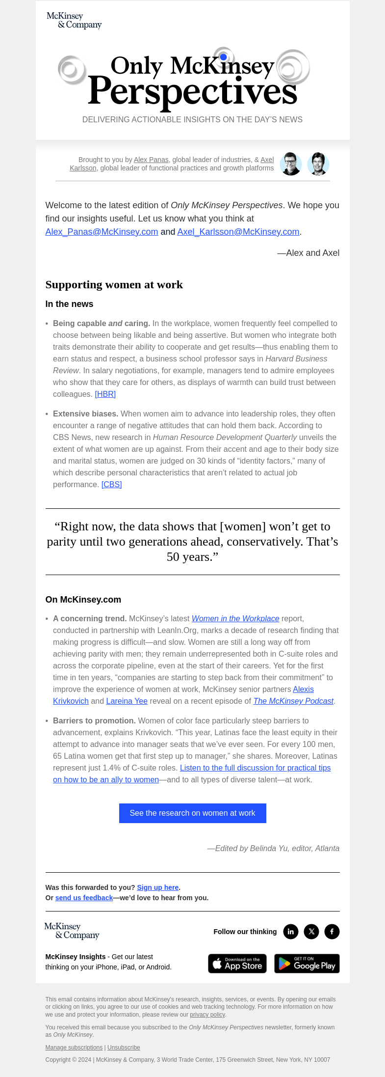Письмо компании «McKinsey & Company» на тему «What a decade of research reveals about gender diversity at work»