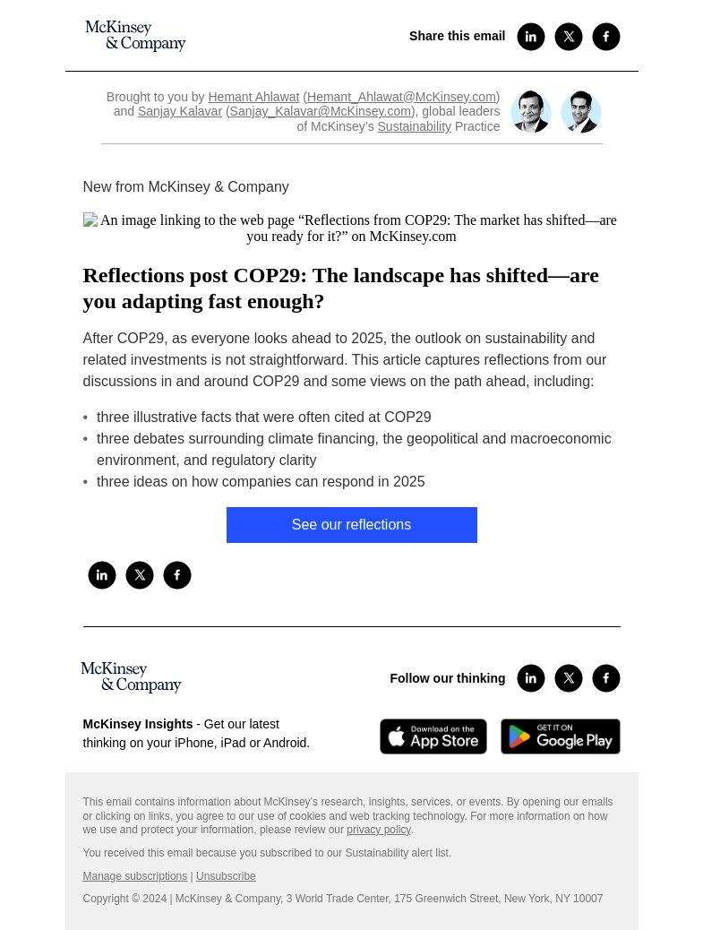 Письмо компании «McKinsey & Company» на тему «Reflections post COP29: The landscape has shifted—are you adapting fast enough?»