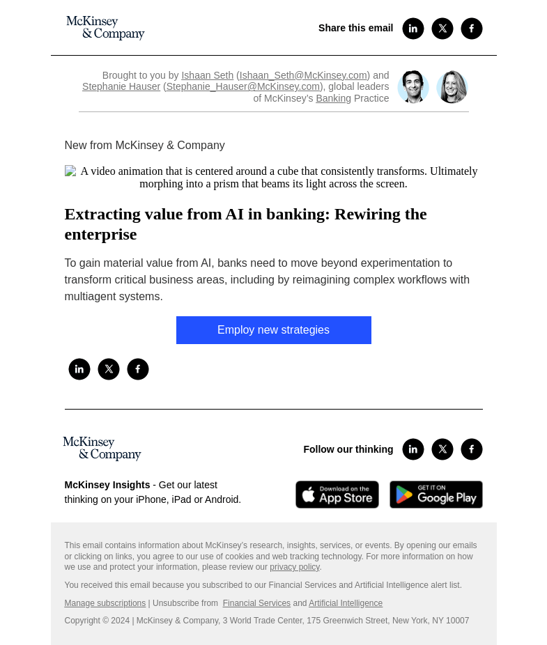 Письмо компании «McKinsey & Company» на тему «Extracting value from AI in banking: Rewiring the enterprise»