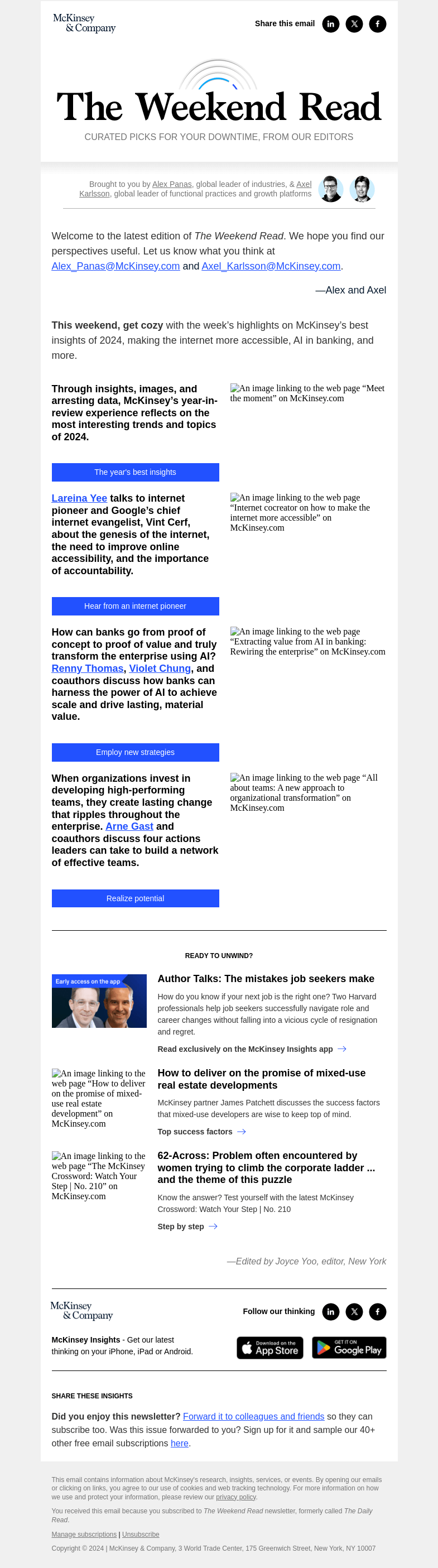 Письмо компании «McKinsey & Company» на тему «McKinsey’s best insights of 2024, making the internet more accessible, AI in banking, and more highlights»