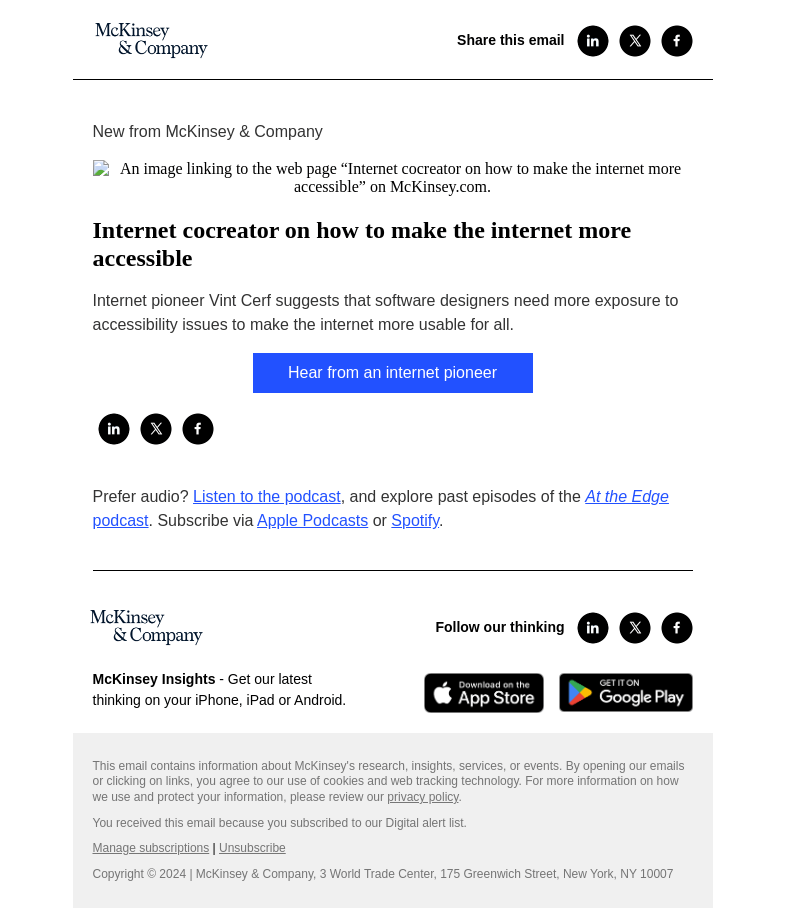 Письмо компании «McKinsey & Company» на тему «Internet cocreator on how to make the internet more accessible»