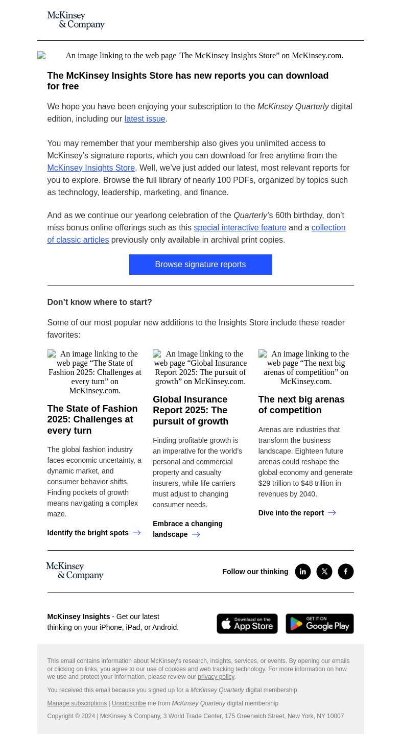 Письмо компании «McKinsey & Company» на тему «New reports available as part of your McKinsey Quarterly membership»