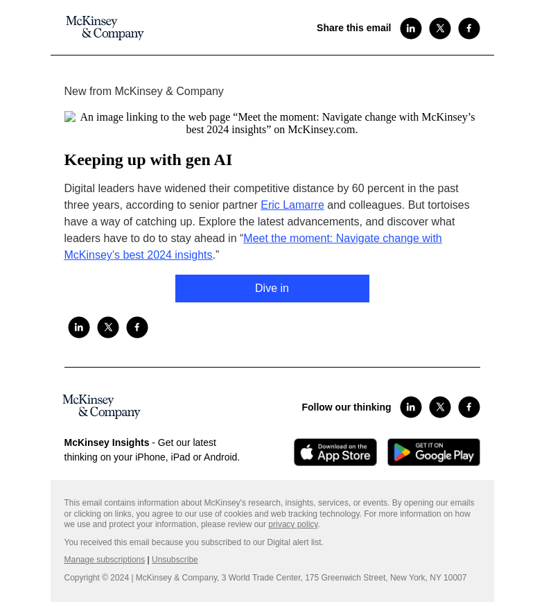 Письмо компании «McKinsey & Company» на тему «Keeping up with gen AI»