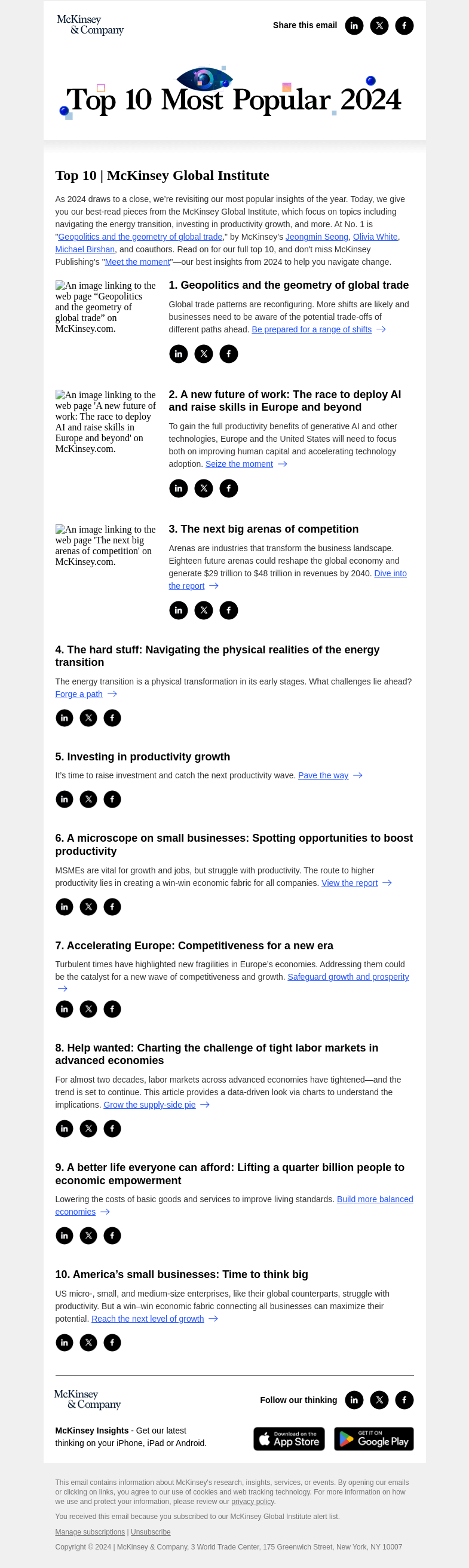 Письмо компании «McKinsey & Company» на тему «The year's most popular articles from McKinsey Global Institute»