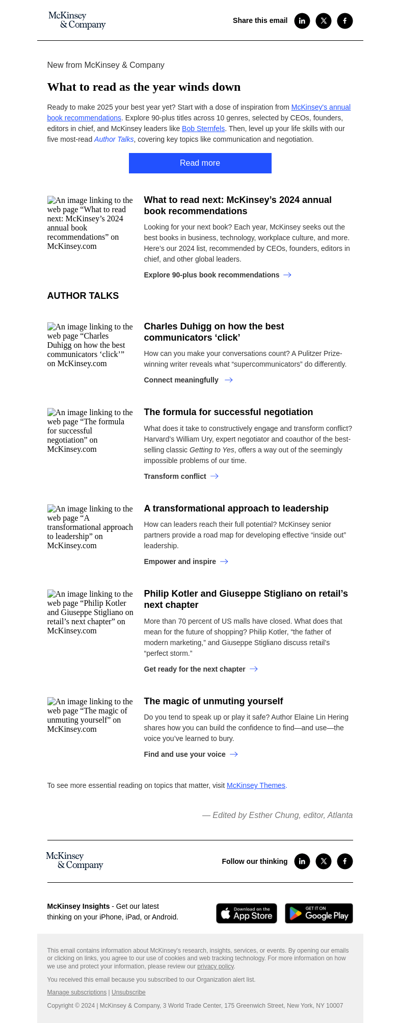 Письмо компании «McKinsey & Company» на тему «Here’s what to read ahead of the new year»