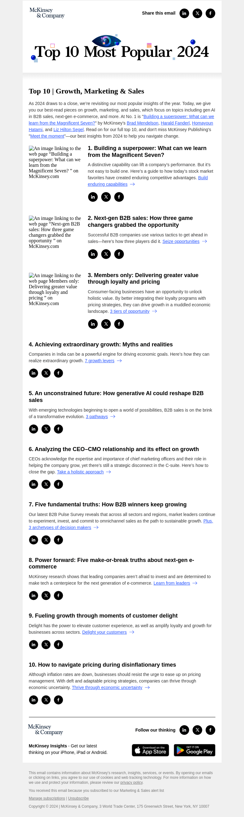 Письмо компании «McKinsey & Company» на тему «Growth, Marketing & Sales: The year’s most popular articles»