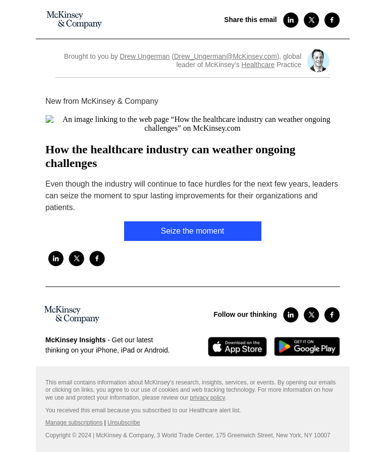 Письмо компании «McKinsey & Company» на тему «How the healthcare industry can weather ongoing challenges»
