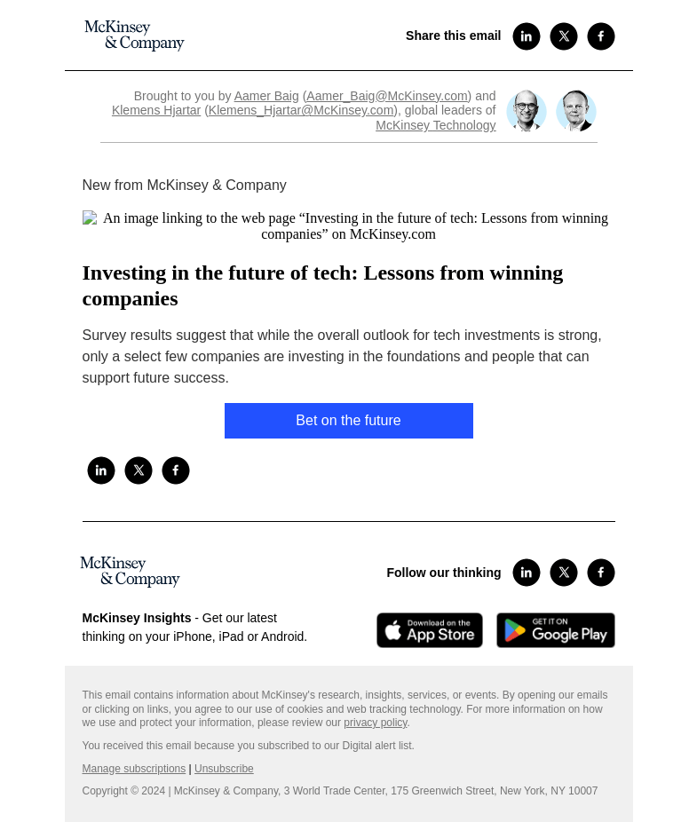 Письмо компании «McKinsey & Company» на тему «Investing in the future of tech: Lessons from winning companies»