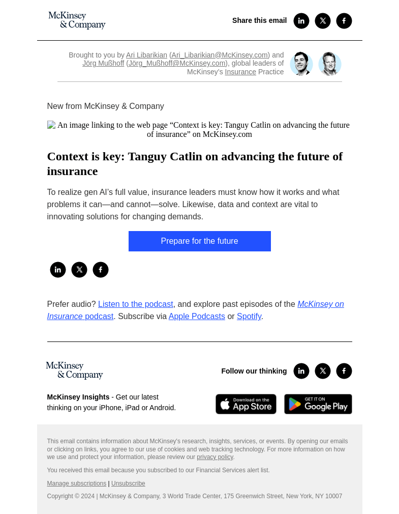 Письмо компании «McKinsey & Company» на тему «Context is key: Tanguy Catlin on advancing the future of insurance»