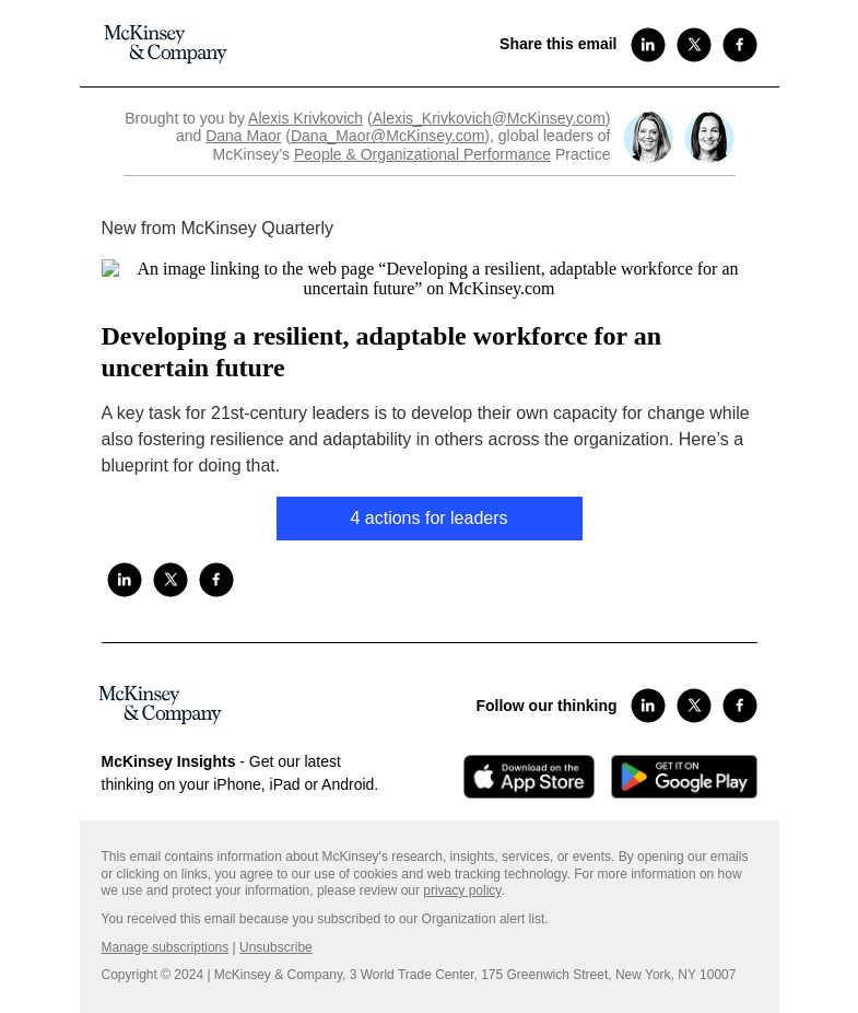 Письмо компании «McKinsey & Company» на тему «Developing a resilient, adaptable workforce for an uncertain future»