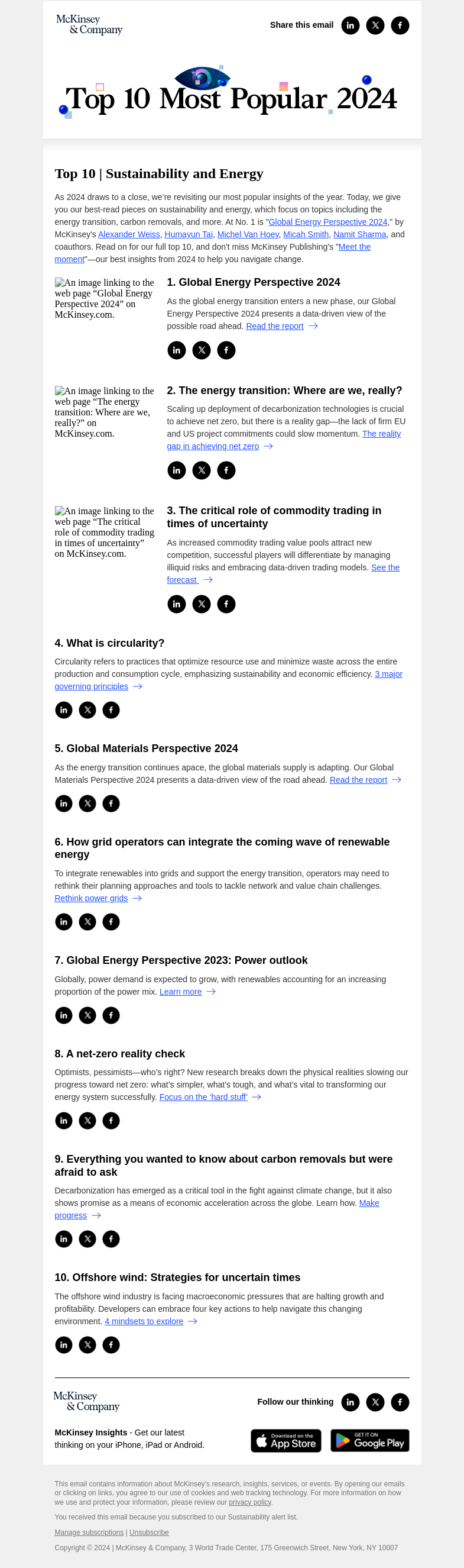 Письмо компании «McKinsey & Company» на тему «Sustainability & Energy: The year's most popular articles»
