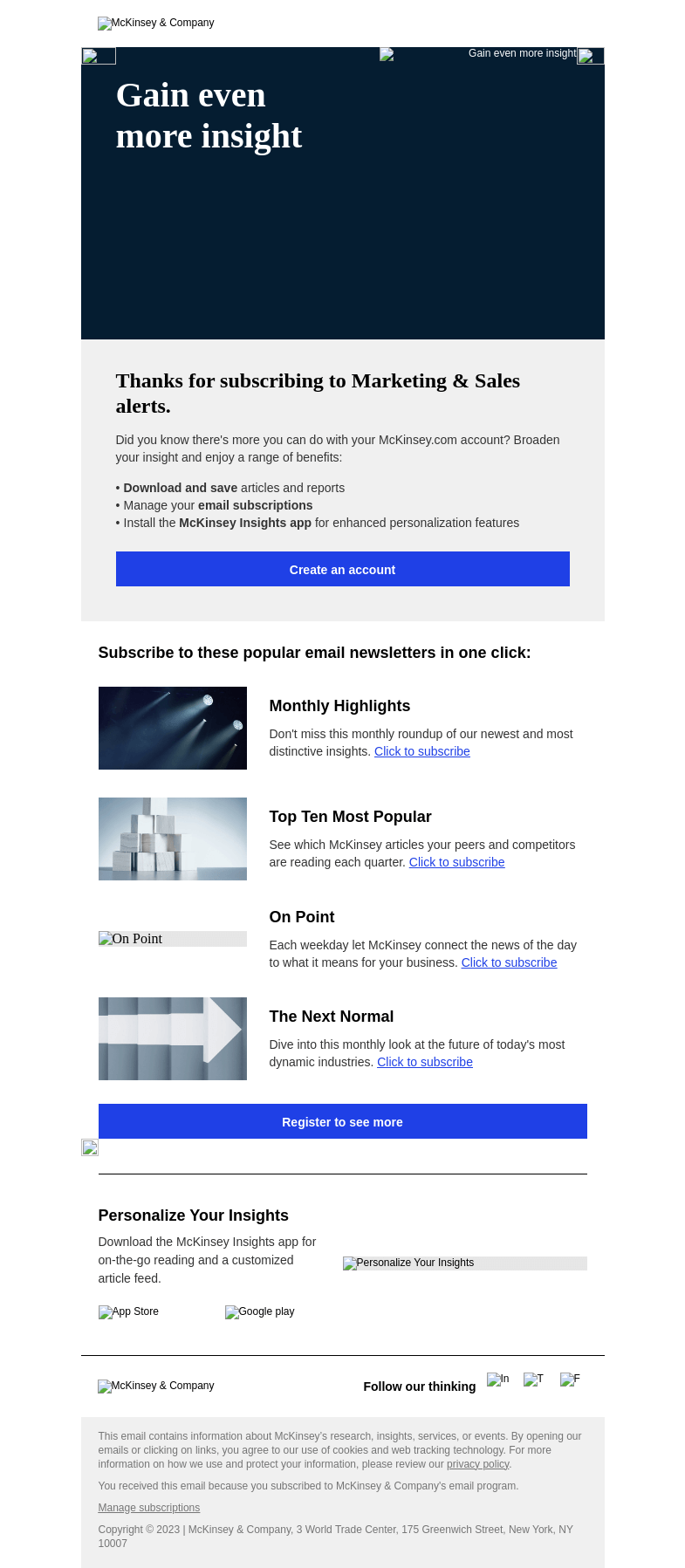 Письмо компании «McKinsey & Company» на тему «You're now subscribed to Marketing & Sales alerts»