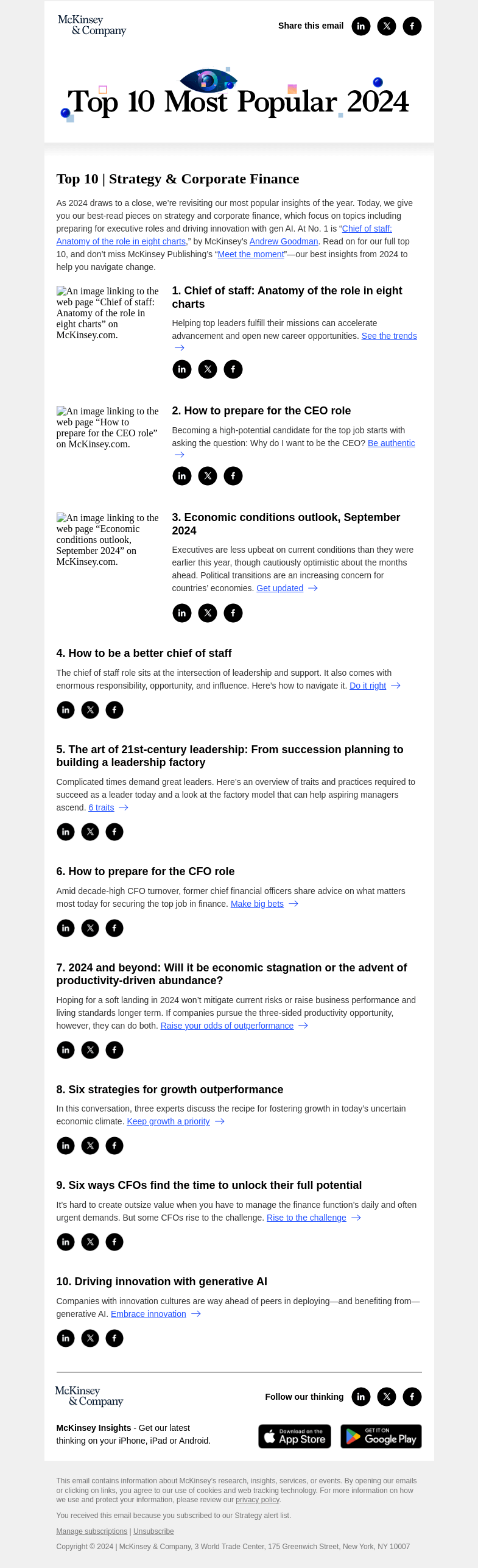 Письмо компании «McKinsey & Company» на тему «Strategy & Corporate Finance: The year’s most popular articles»
