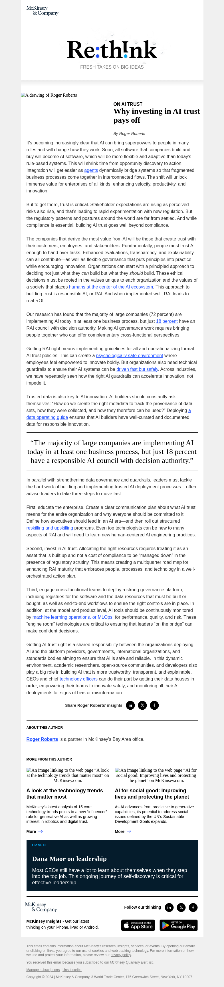 Письмо компании «McKinsey & Company» на тему «It’s not enough to just build AI. Companies should also ensure it’s trustworthy AI.»