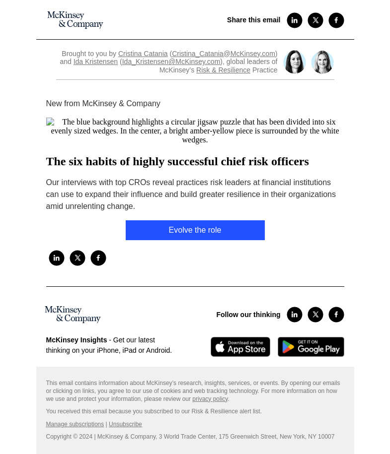 Письмо компании «McKinsey & Company» на тему «The six habits of highly successful chief risk officers»