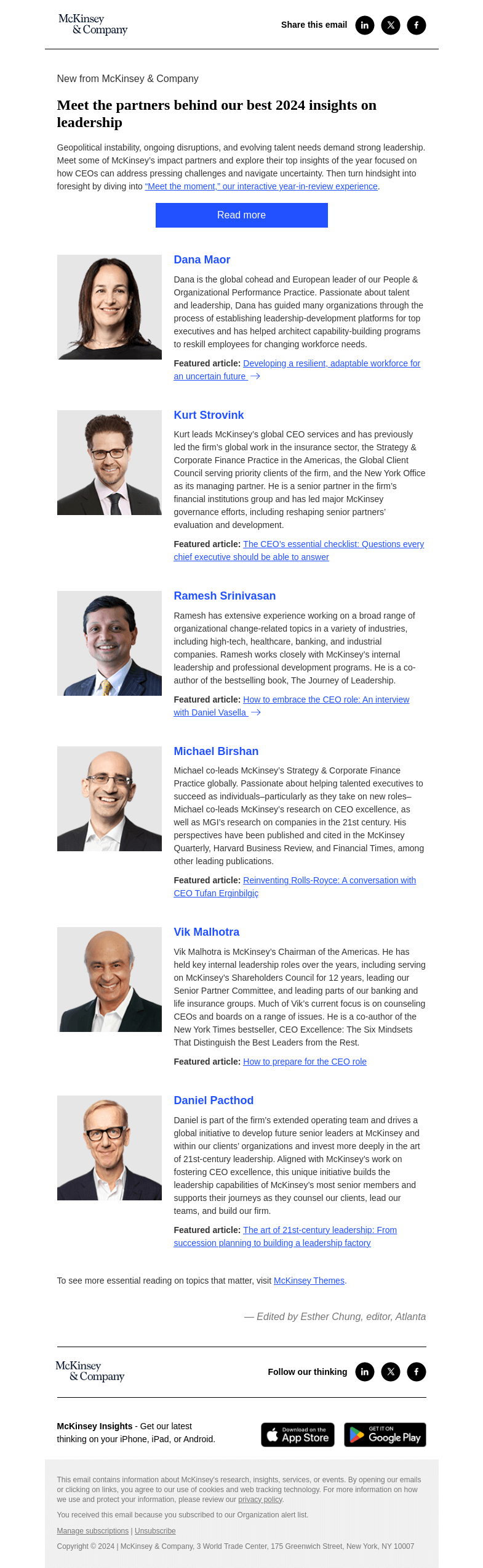 Письмо компании «McKinsey & Company» на тему «Meet the partners behind our best 2024 insights on leadership»