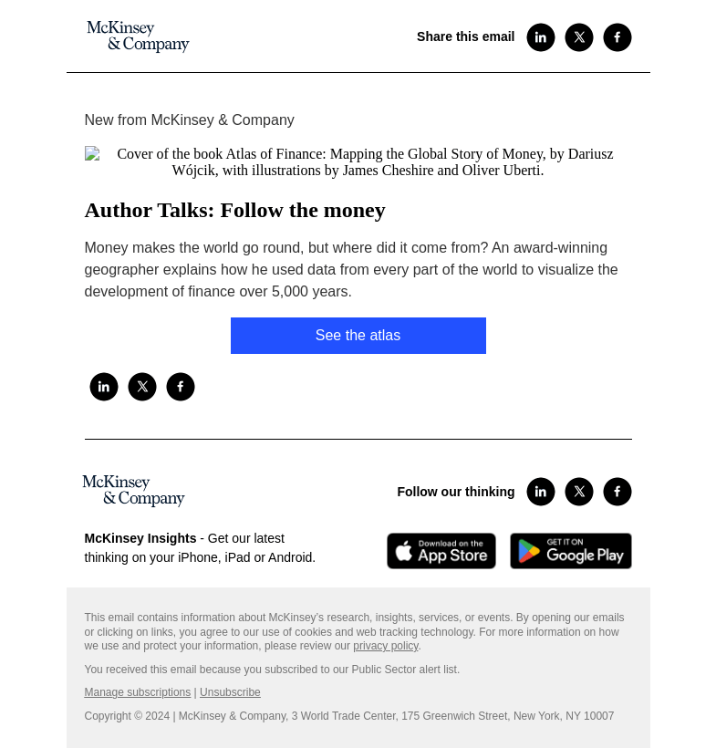 Письмо компании «McKinsey & Company» на тему «Author Talks: Follow the money»