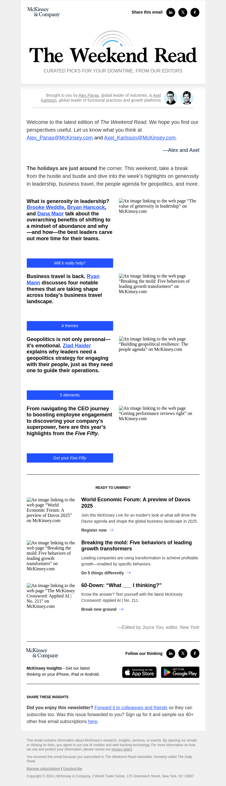 Письмо компании «McKinsey & Company» на тему «Generosity in leadership, business travel, the people agenda for
 geopolitics, and more: The Weekend Read»