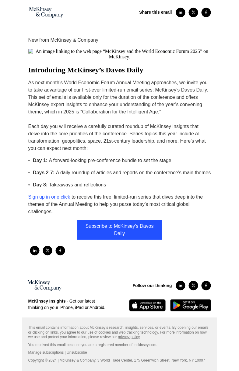 Письмо компании «McKinsey & Company» на тему «Introducing McKinsey’s Davos Daily: a limited-edition email series »