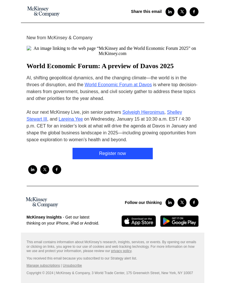 Письмо компании «McKinsey & Company» на тему «You're invited! Join us for a McKinsey Live session for a preview
 of Davos 2025»