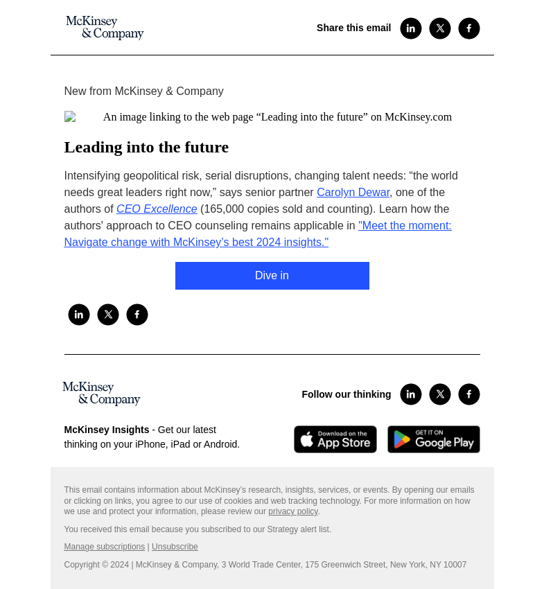 Письмо компании «McKinsey & Company» на тему «Leading into the future»