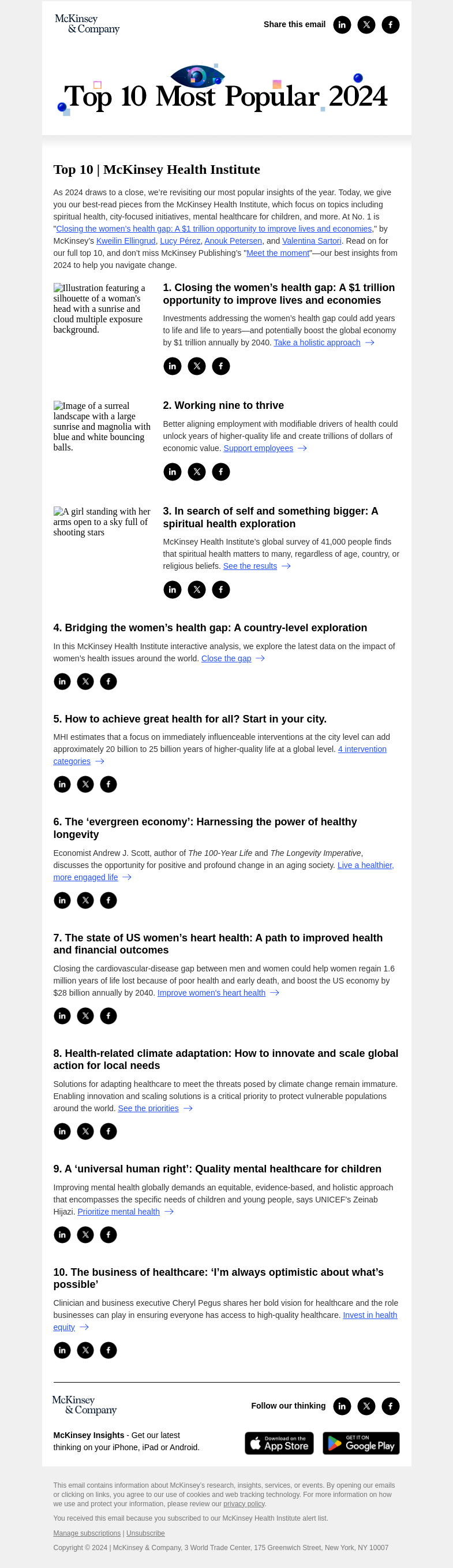 Письмо компании «McKinsey & Company» на тему «The year's most popular articles from McKinsey Health Institute»