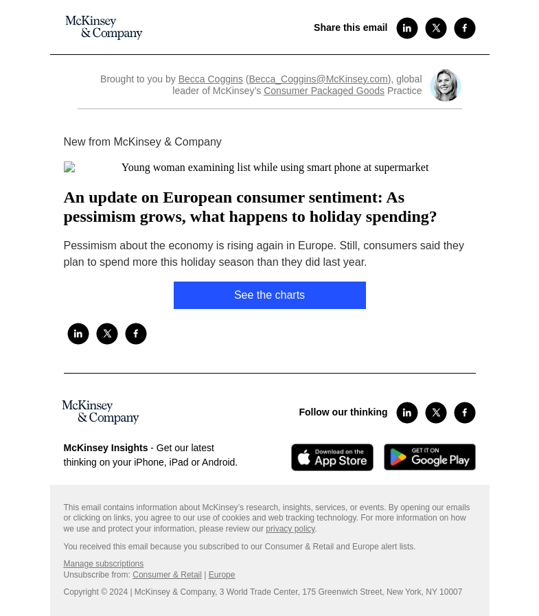 Письмо компании «McKinsey & Company» на тему «An update on European consumer sentiment: As pessimism grows, what
 happens to holiday spending?»